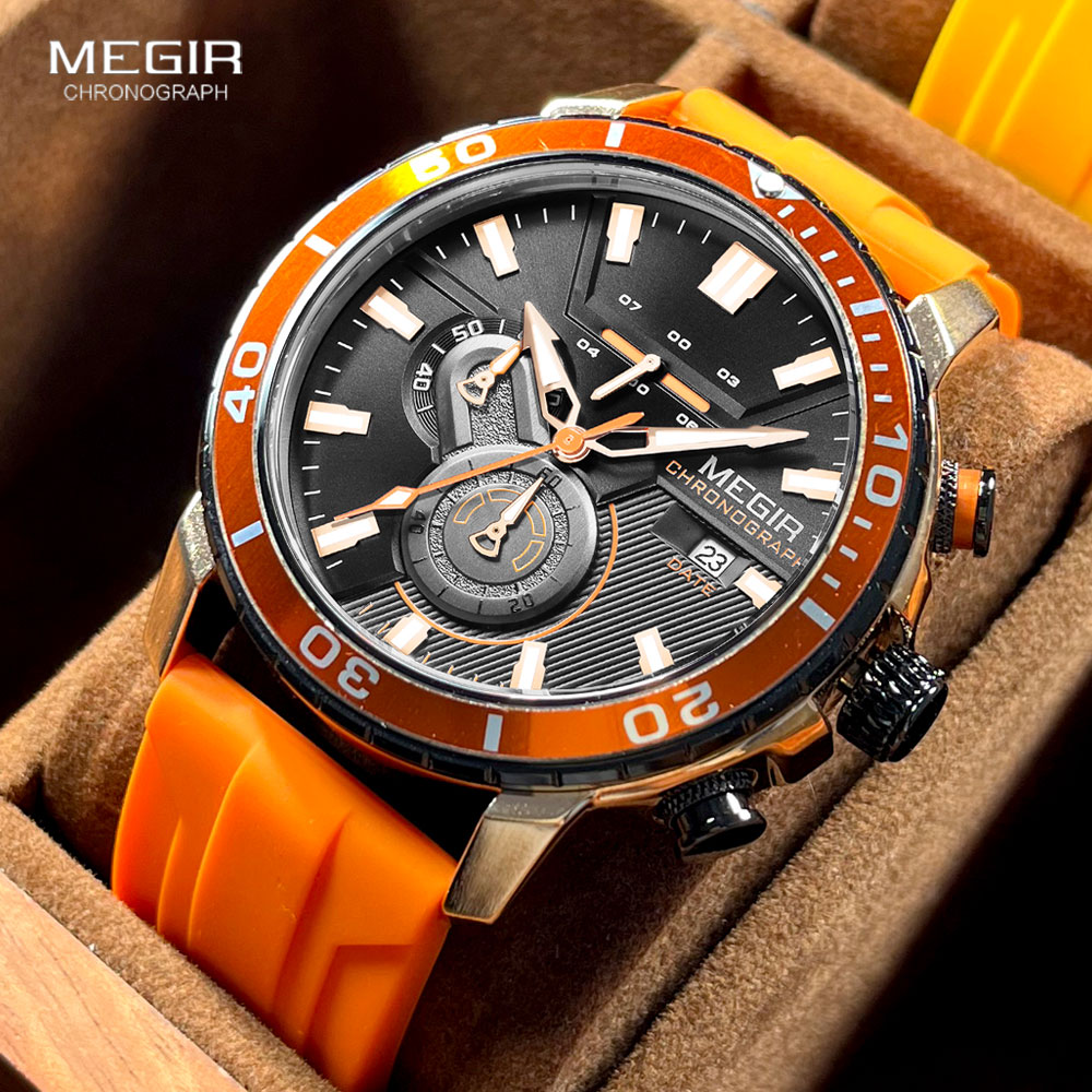 Silicone Sport Band - Reloj deportivo MEGIR naranja para hombre,